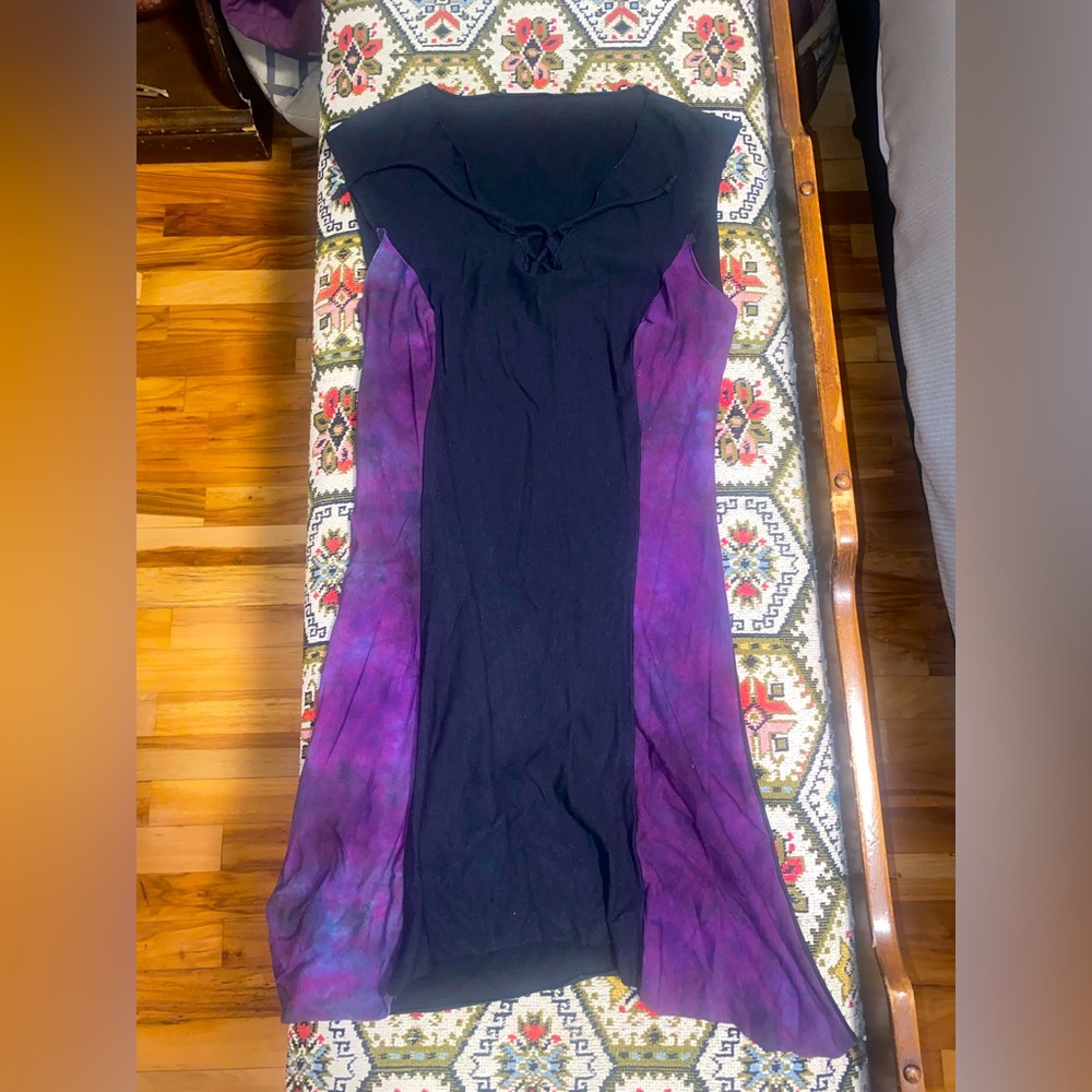 Lost Sewl Organics. Black and purple tone, short dress/tunic, sleeveless.